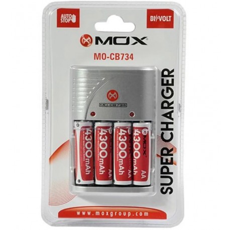 CARREGADOR DE PILHAS MOX MO-CB734 COM 4 PILHAS AA 4300MAH